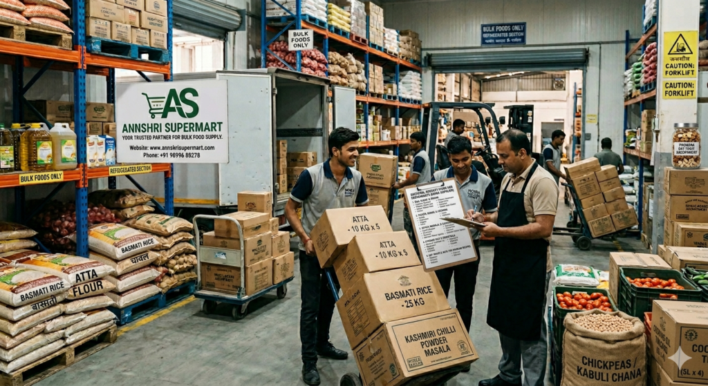 Annshri Supermart warehouse in Noida showing bulk grocery supply of rice, atta, and spices for restaurant and hotel kitchens.